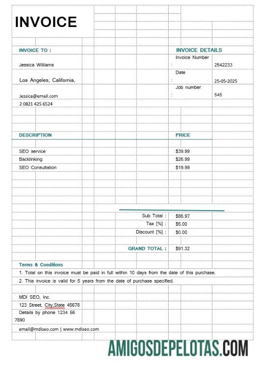 em branco Modelo de fatura SEO